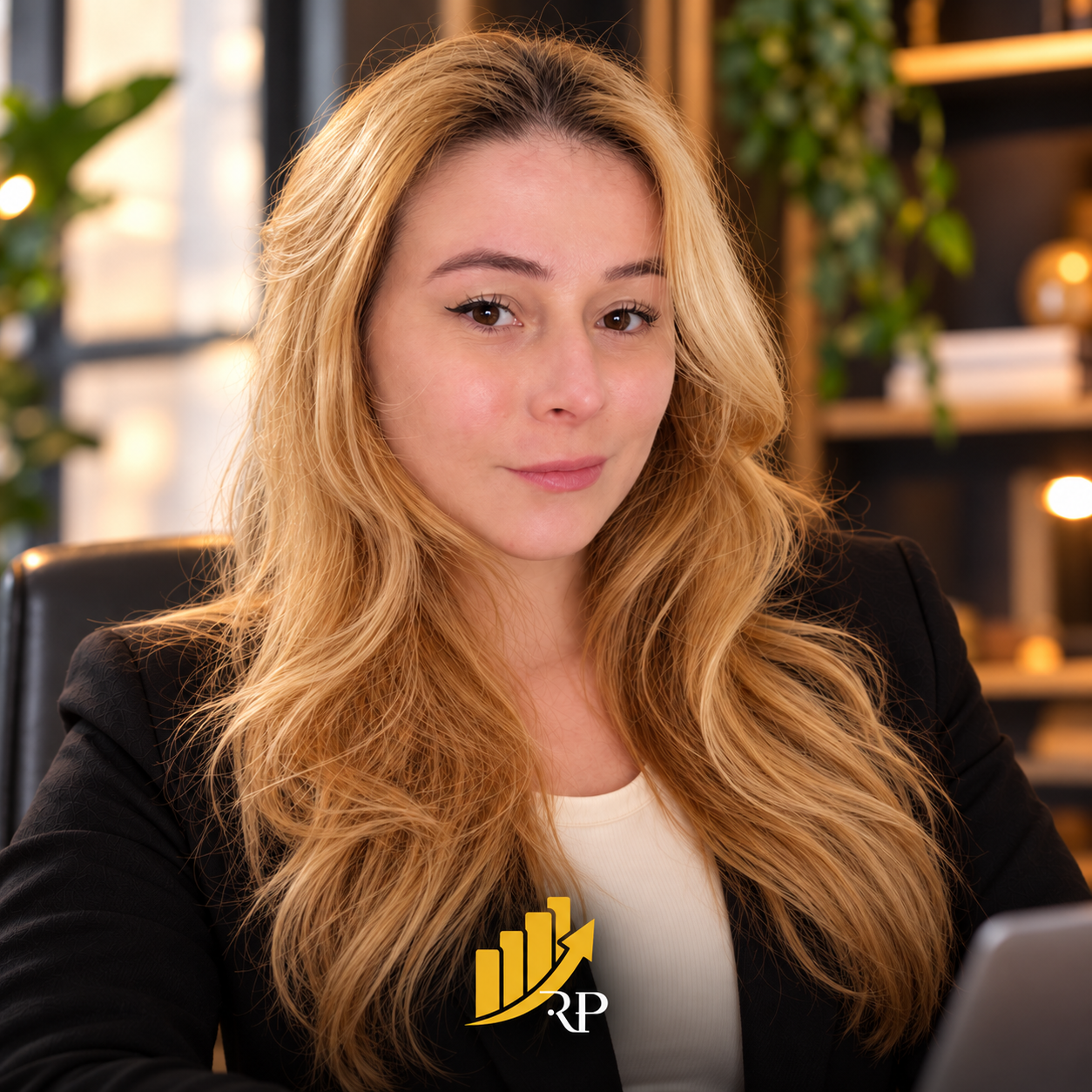 retrato profissional com logo dourado